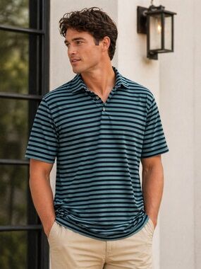 Peter Millar Striped Polo Shirt Blue Black Performance Stretch L